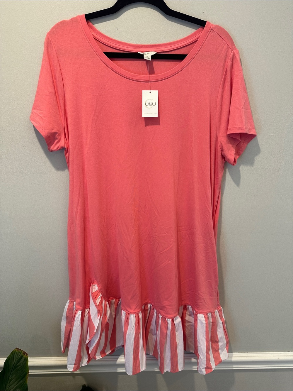 Cato Coral Pink Short Sleeve Dress with Striped Ruffle